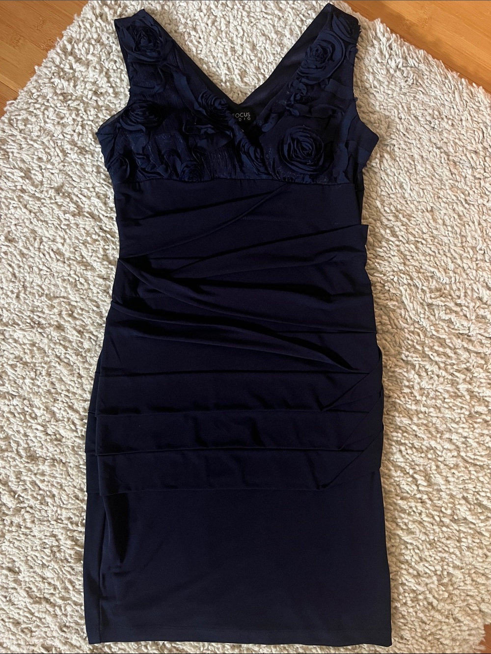 Enfocus Studio Navy V-Neck Floral Appliqué Midi Sheath Dress